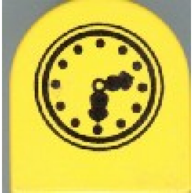 yellow duplo brick 2 x 2 x 2 slope curved double with clock hands 6:12 pattern