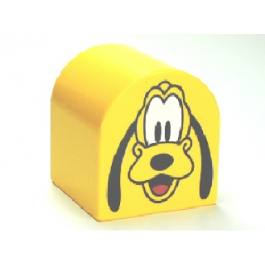 yellow duplo brick 2 x 2 x 2 slope curved double with pluto pattern