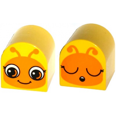 yellow duplo brick 2 x 2 x 2 slope curved double with orange insect face eyes open awake eyes closed asleep pattern