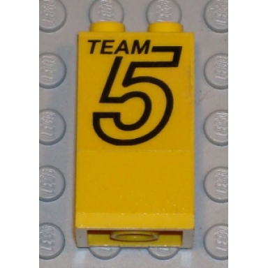 yellow slope 75 2 x 2 x 3 - hollow studs with black team 5 pattern sticker - set 5581