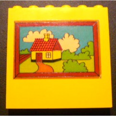 yellow brick 1 x 6 x 5 with picture of house in brown frame pattern sticker - set 232