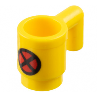 yellow minifigure utensil cup with black and red x-men logo pattern