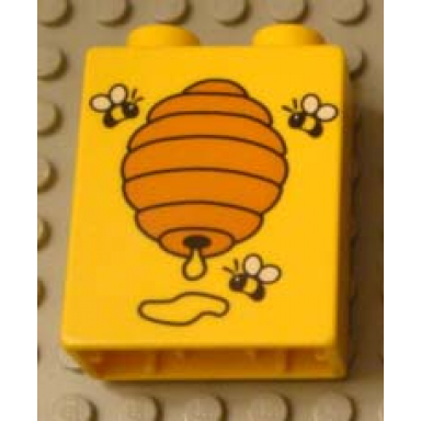yellow duplo brick 1 x 2 x 2 with three bees and beehive pattern