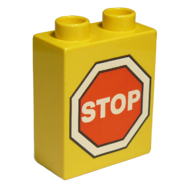 yellow duplo brick 1 x 2 x 2 with red and white stop sign pattern