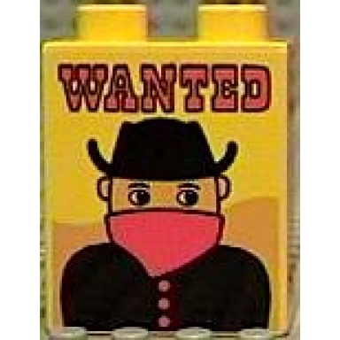 yellow duplo brick 1 x 2 x 2 with wanted poster pattern