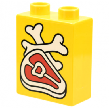 yellow duplo brick 1 x 2 x 2 with steak and bones pattern