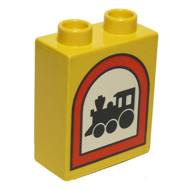 yellow duplo brick 1 x 2 x 2 with road sign train pattern
