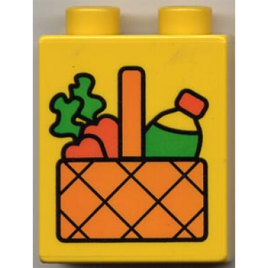 yellow duplo brick 1 x 2 x 2 with picnic basket with carrots and drink pattern