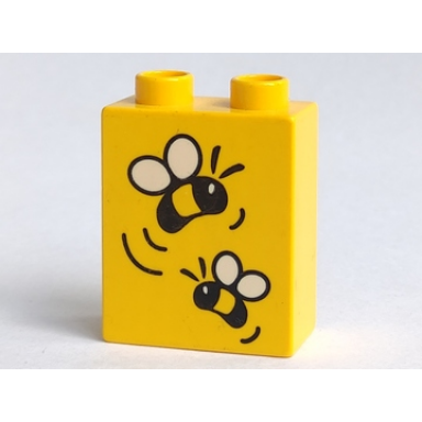 yellow duplo brick 1 x 2 x 2 with two bees pattern