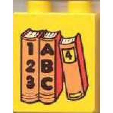 yellow duplo brick 1 x 2 x 2 with three books pattern abc and 123