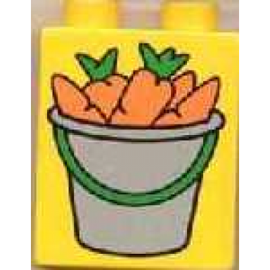 yellow duplo brick 1 x 2 x 2 with bucket of carrots pattern