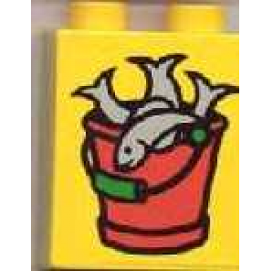 yellow duplo brick 1 x 2 x 2 with bucket of fish pattern