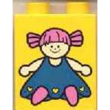 yellow duplo brick 1 x 2 x 2 with white doll with blue dress and dark pink hair and shoes pattern