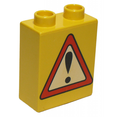 yellow duplo brick 1 x 2 x 2 with road sign exclamation mark pattern