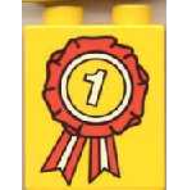 yellow duplo brick 1 x 2 x 2 with white number 1 on red first place ribbon pattern