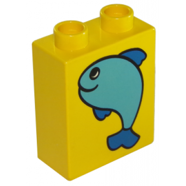yellow duplo brick 1 x 2 x 2 with large fish pattern