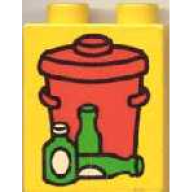 yellow duplo brick 1 x 2 x 2 with red garbage can and green bottles pattern