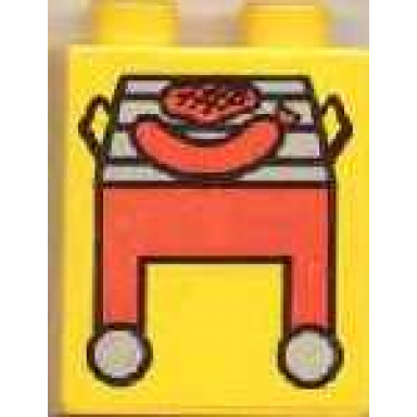 yellow duplo brick 1 x 2 x 2 with red grill and hot dog pattern