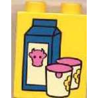 yellow duplo brick 1 x 2 x 2 with blue milk carton and white cups pattern