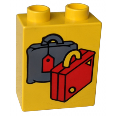 yellow duplo brick 1 x 2 x 2 with dark gray and red suitcases pattern