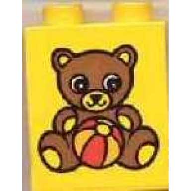 yellow duplo brick 1 x 2 x 2 with teddy bear and ball pattern