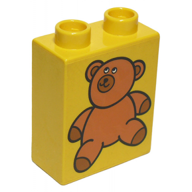 yellow duplo brick 1 x 2 x 2 with brown teddy bear pattern