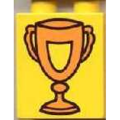 yellow duplo brick 1 x 2 x 2 with trophy cup with shield orange pattern