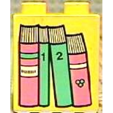 yellow duplo brick 1 x 2 x 2 with four books red and green pattern