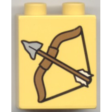 yellow duplo brick 1 x 2 x 2 with bow and arrow pattern