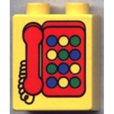 yellow duplo brick 1 x 2 x 2 with red telephone with blue and green round buttons pattern