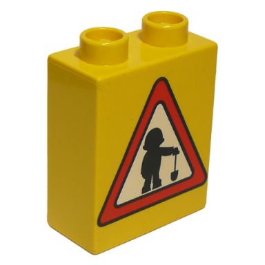 yellow duplo brick 1 x 2 x 2 with road sign construction worker pattern