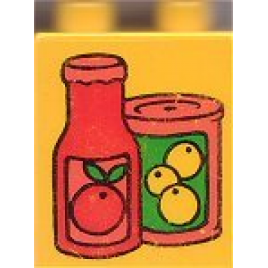 yellow duplo brick 1 x 2 x 2 with fruit juice containers pattern