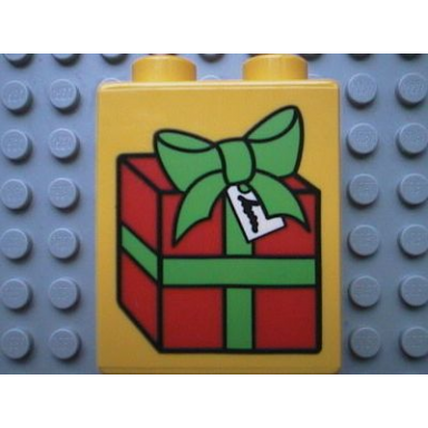yellow duplo brick 1 x 2 x 2 with present gift box pattern