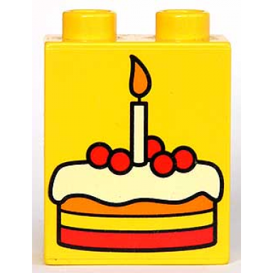 yellow duplo brick 1 x 2 x 2 with birthday cake pattern