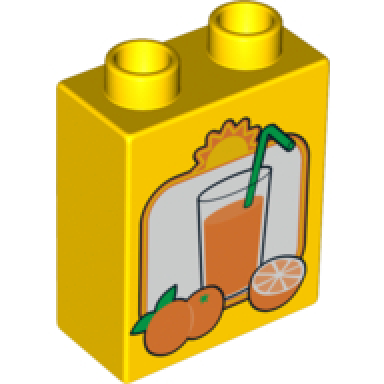 yellow duplo brick 1 x 2 x 2 with oranges and glass of orange juice with green straw pattern