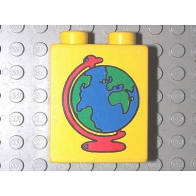 yellow duplo brick 1 x 2 x 2 with globe pattern