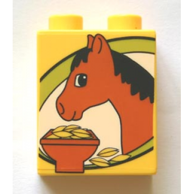 yellow duplo brick 1 x 2 x 2 with horse pattern