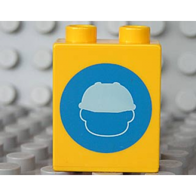 yellow duplo brick 1 x 2 x 2 with head in construction helmet on blue circle pattern