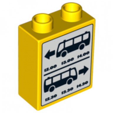 yellow duplo brick 1 x 2 x 2 with bus schedule pattern