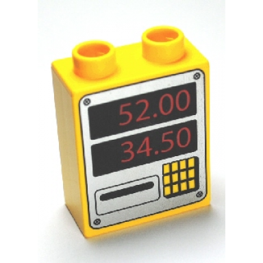 yellow duplo brick 1 x 2 x 2 with keypad card slot 52.00 and 34.50 on silver background pattern