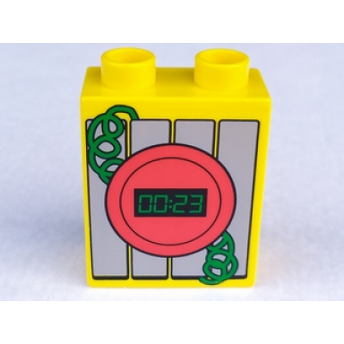 yellow duplo brick 1 x 2 x 2 with digital display with 00:23 and green coiled wire pattern