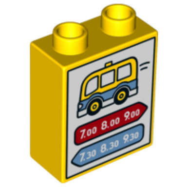 yellow duplo brick 1 x 2 x 2 with bus schedule pattern
