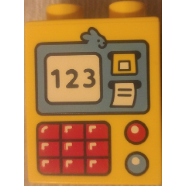 yellow duplo brick 1 x 2 x 2 with atm screen with 123 keypad and lights pattern