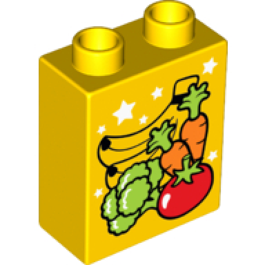 yellow duplo brick 1 x 2 x 2 with fruits and vegetables bananas carrots tomato and broccoli pattern