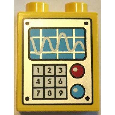 yellow duplo brick 1 x 2 x 2 with panel with oscilloscope keypad and buttons pattern