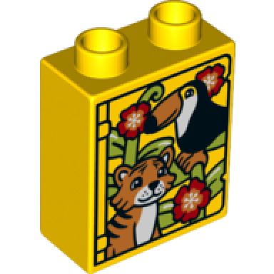 yellow duplo brick 1 x 2 x 2 with tiger and toucan pattern