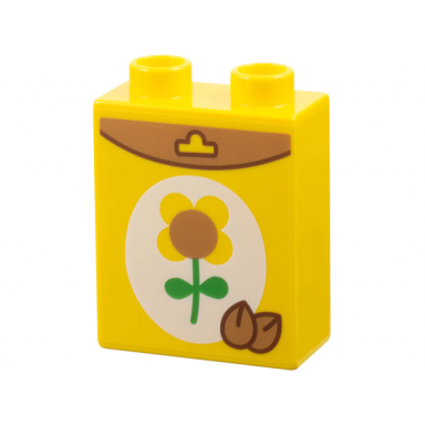 yellow duplo brick 1 x 2 x 2 with seed packet medium nougat seeds flower on white background pattern