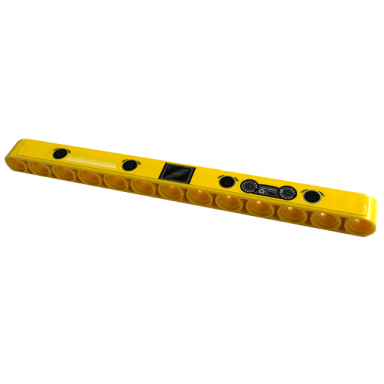 yellow technic liftarm thick 1 x 13 with vehicle dashboard speedometer odometer air vents and jeep logo on screen pattern sticker - set 42122
