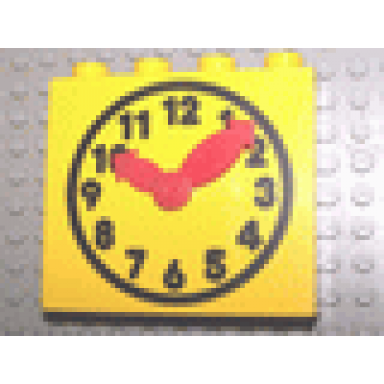 yellow duplo brick 1 x 4 x 3 with movable red clock hands and yellow clock face with black numbers pattern