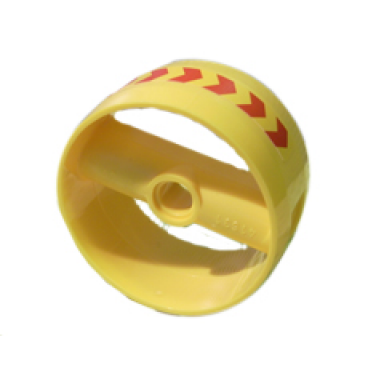 yellow cylinder 4 x 4 x 1 2 3 with pin holes and center bar with red chevrons right pattern sticker - set 7776